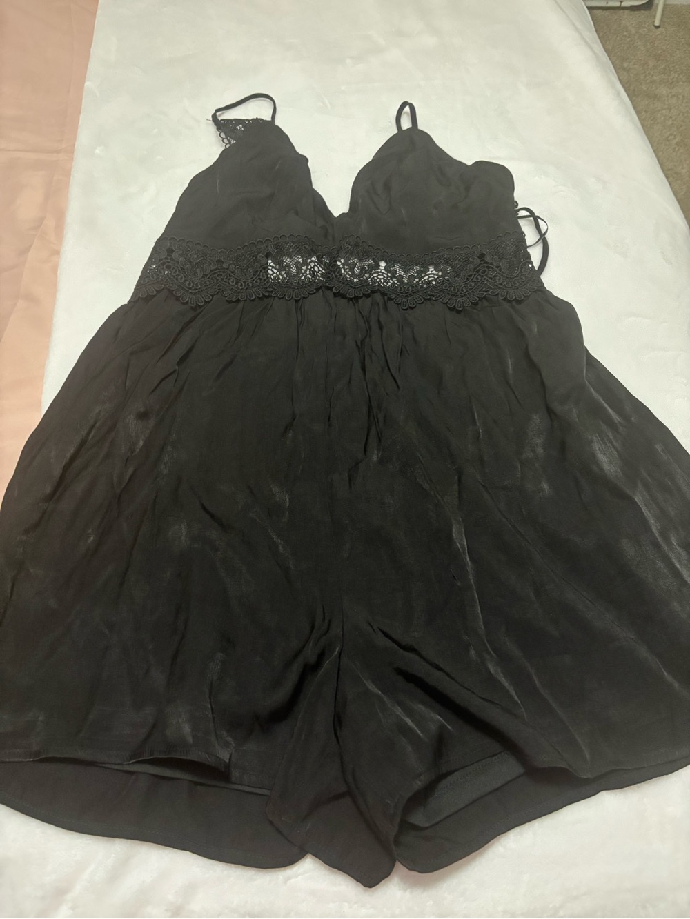 I Love Tree Black Lace-Trim Satin Romper